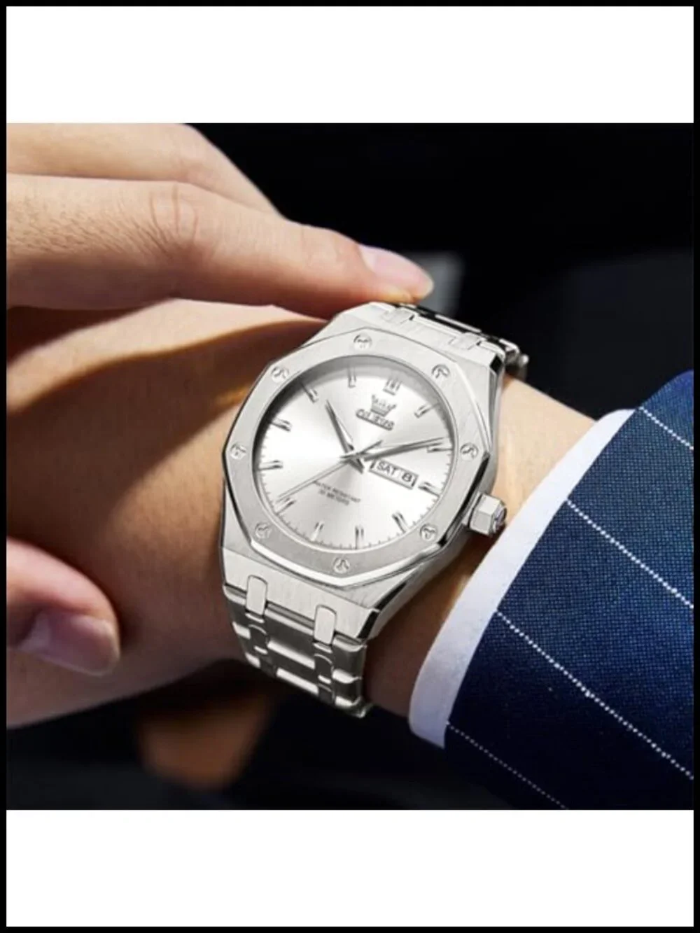 Mens Large Stainless Steel Analog Quartz Watch Waterproof Business